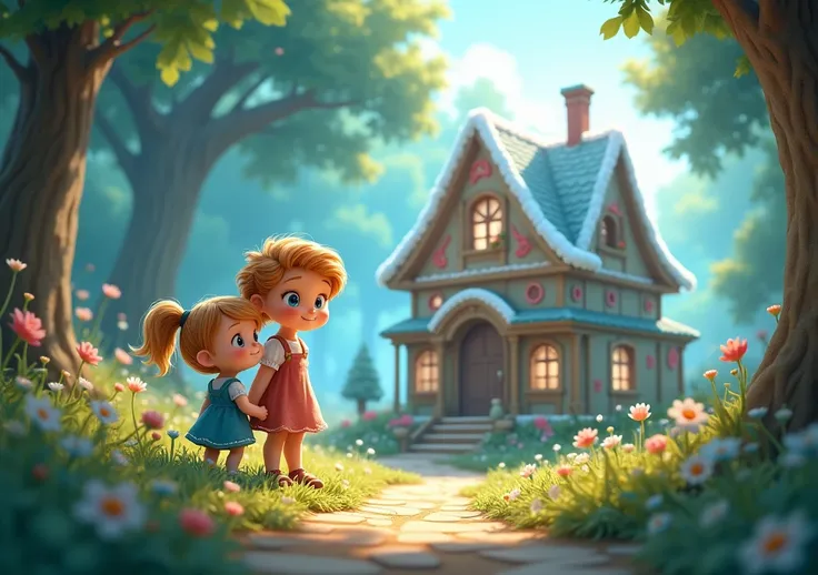 BACKGROUND da Historia: Hansel and Gretel. all characters, SWEET HOUSE Perfect art, detailed without traces of AI and cute animation, normal characters without flaws, perfect eyes, perfect ears, <xml><input>realistic</input></xml>, theme color: baby blue