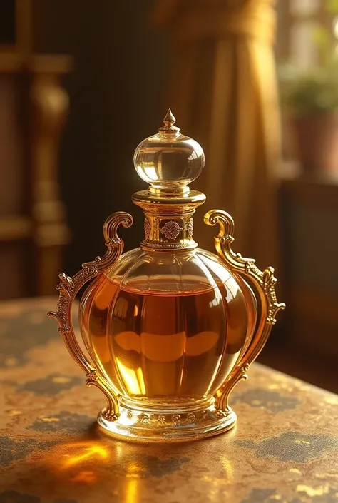 A golden perfume with handles 