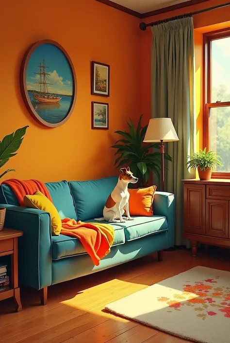 Créer une image, représentant un tableau style impressionniste. imagine un grand salon à la décoration vintage 70s avec des couleurs vives et chaleureuses : oranges, marron, jaune, bleu, vert. Au sol du parquet  sur les murs acroche un tableau ovale et une...