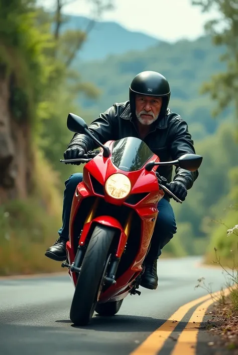 Male, older person, with black motorcycle helmet, drives a red Kawasaki, small
