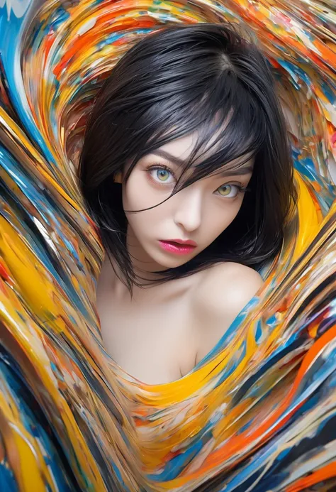 nijistyle, conceptual installation art, 2.5D, fusion of acrylic and collage paintings, high and fine artwork, cool beauty, imitating Munchs The Scream, striking beautiful eyes, glossy silky hair, delicate and dynamic textures, contrasts of light and shadow...