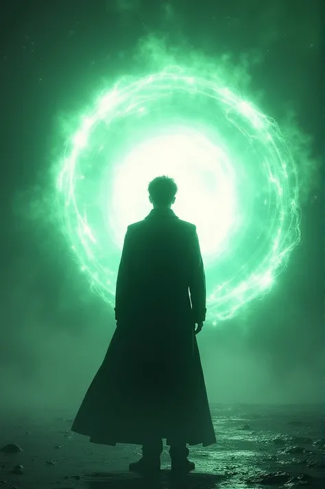 A young caucasian man with short dark hair wearing a long coat, standing in front of a bright green and white energy portal