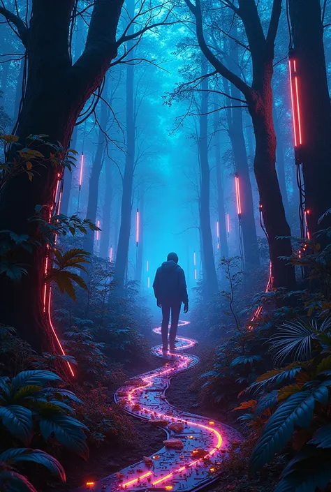 Neon electronic circuit forest in png