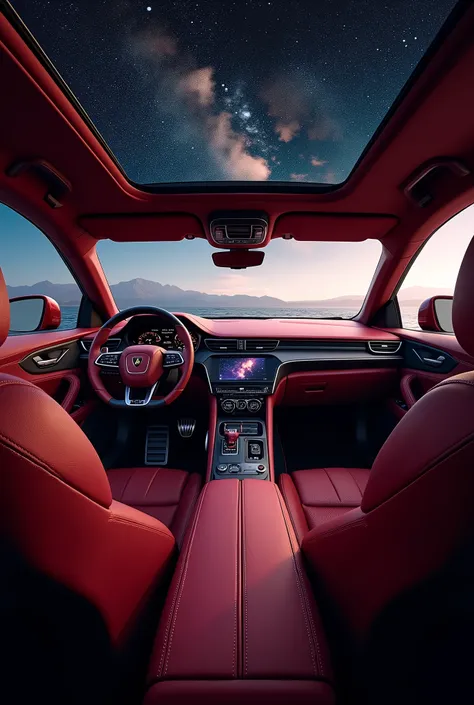 The interior of a burgundy red Lamborghini SUV. Black leather interior, of Strassd, Starry sky on the interior roof,  luxury, high quality, 8k, super detail, best quality, high details, masterpiece, retina, accurate, super detail, super detail, best qualit...