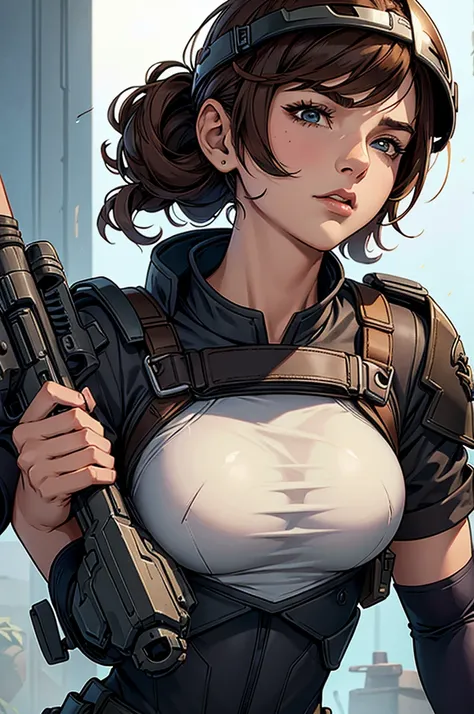 ((Artwork)), clothing= SWAT、Short sleeve、Weaponized combat uniform、Equipment、One woman、Omi、Her chest is an A cup、cool、Brown Hair、Upper Body、Wearing a helmet、Survival games
