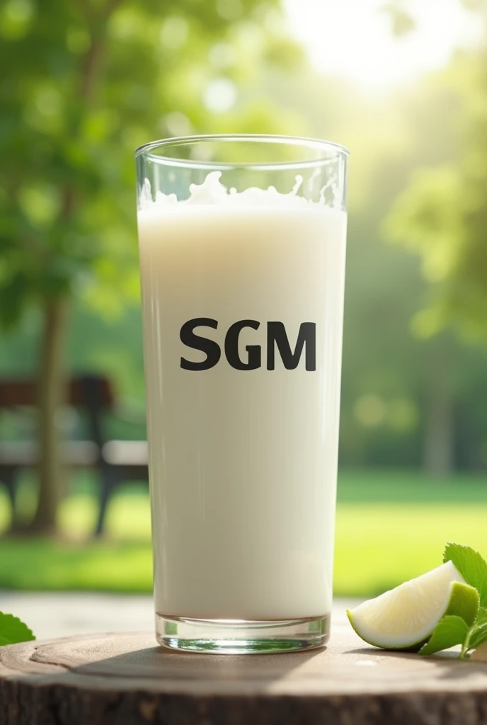 Milk with brand "SGM", pure milk in the largest cup, park background, 