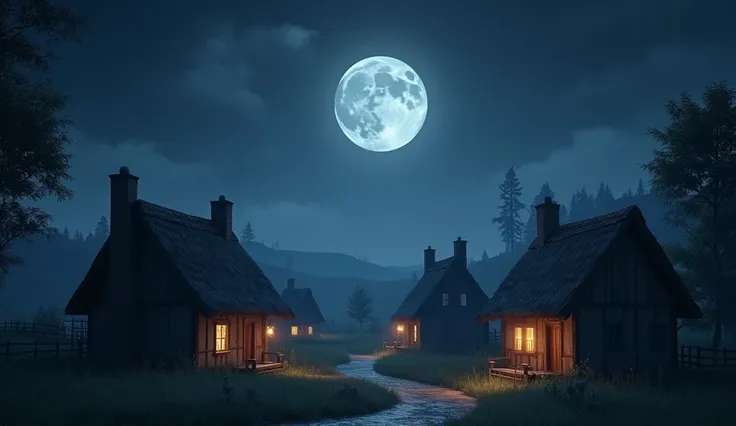 Generate 3d animated image of night sky black moon in a village 