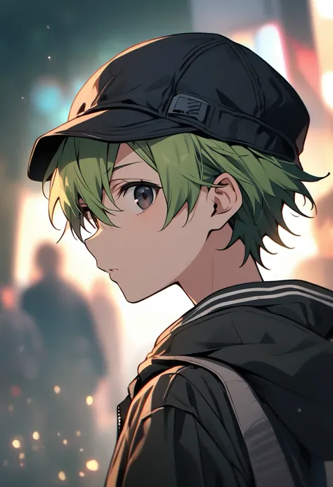 male, solo, young, teenager, short hair, wear a cap on head, green hair, black eyes