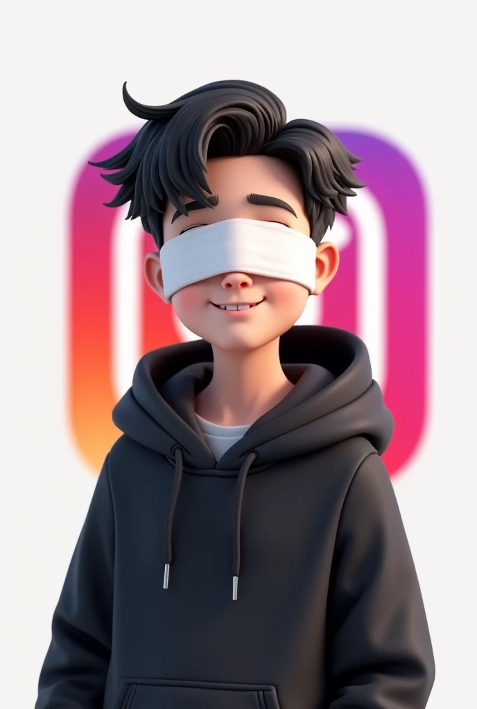 Cute teen 3d boy bandage on eyes in black hoodies instagram logo in back. With white background 