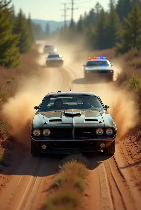 A muscle car fleeing the police on a dirt road