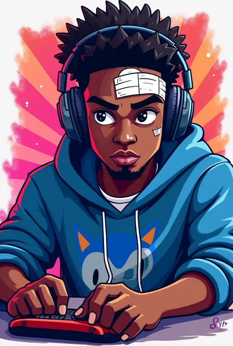 Create logo for streaming channel young African American man wearing Sonic sweatshirt, gaming headphones , A bandage on the young man&#39;s forehead and on the back wall a Roblox design 