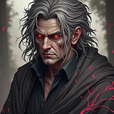 man, white hair, glowing red eyes and black clothes.