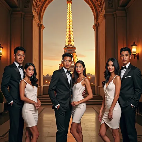 Photography of three handsome men with clean and real Indonesian faces dressed in formal black suits, along with three beautiful women with black hair and wearing white dresses. In the background of the Eiffel Tower at night it is decorated with beautiful ...