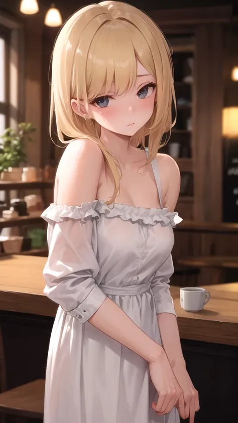 Professional portrait photography, Analog film shot of a beautiful blonde woman in a comfortable dress、Located in a cozy coffee shop, Depth of written boundary, Bokeh, detailed, 8k, Soft Focus, 35mm 