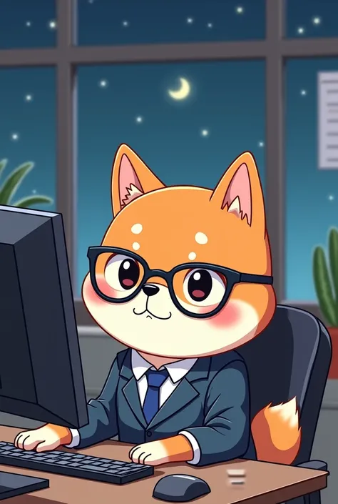 anime、Line Stamp Specification、A cute Shiba Inu in the office、Wearing a suit and glasses and using a computer、Working、The window in the background is night