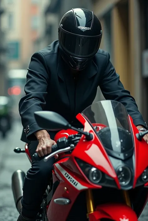 Male, older person, with black motorcycle helmet, drives a red Kawasaki, small, unrecognizable face, from the side
