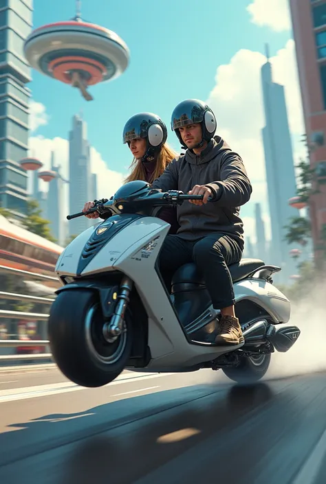 A man and woman driving or sitting on scotty wearing a helmet
