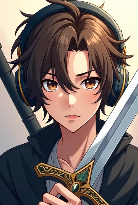 An anime man with brown hair and white skin, a sword a large earphone , and brown eyes