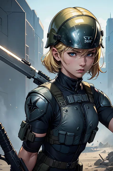 ((Artwork)), clothing= Bulletproof vest、SWAT、Short sleeve、Weaponized combat uniform、Equipment、One woman、High nose、Omi、Small breasts、No emphasis on breasts、cool、Blonde、Upper Body、Wearing a helmet、Survival games
