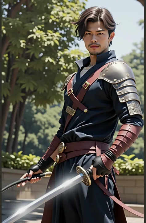 (photorealism:1.2), South east Asian man with a medium muscular body, in a powder blue full body armor, with a black tied hair like a samurai, pointing a beautiful black sword