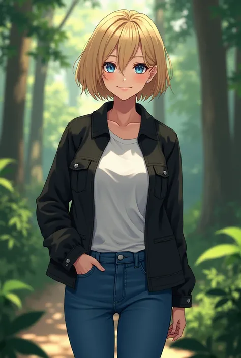 1 teenager woman, white skin, nature, wear black jacket, white t-shirt, size D boob, long Jeans pant, blonde short hair, blue eyes no makeup, No red blush,  looking with a smirk (Anime Styles - handsome face)