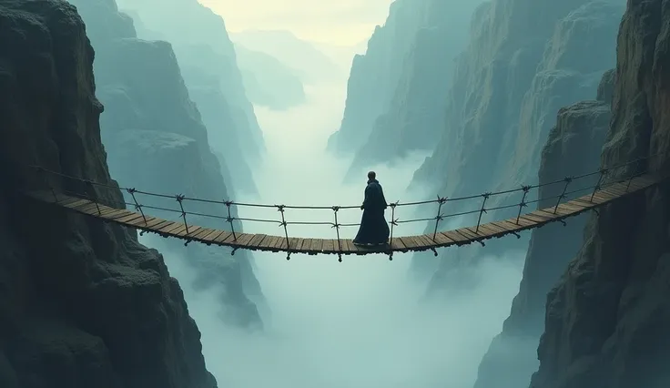 A 1 monk crosses a suspension bridge that rises in the middle of an abyss