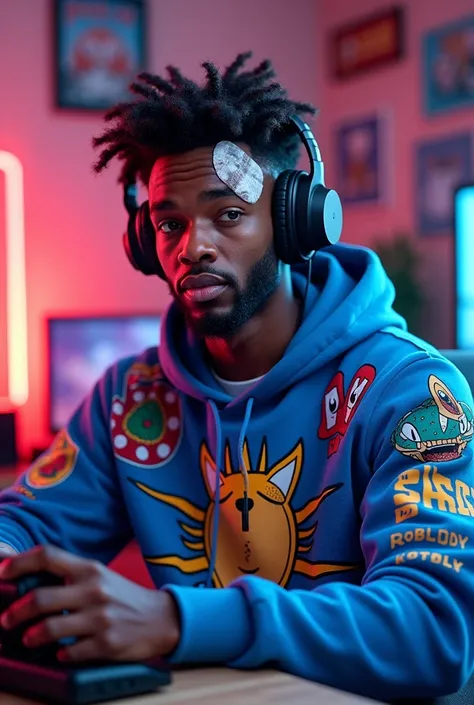 Logo for streaming channel of young African American man wearing a sweatshirt with Sonic details and design, Gaming headphones bandage on the forehead in a gaming room and roblox details 