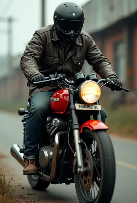 Male, older person, with black motorcycle helmet, drives a red Kawasaki, small, unrecognizable face, from the side, he is wearing a leather jacket
