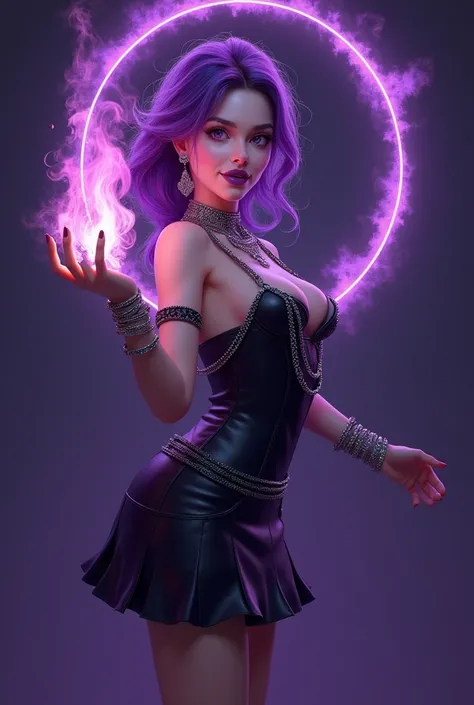 Violet palette . Full length girl with purple hair, light skin, jewelry on hands and neck.  computer graphics, body highlighting. purple lipstick, beautiful body, detailing. hovering girl. purple fire в руке. full-length portrait of a girl in full face. де...