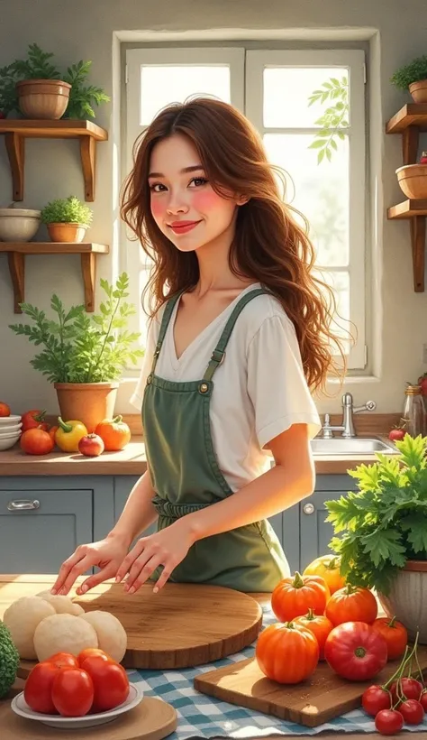 Watercolor painting of a pretty woman with brown hair cutting vegetables in the kitchen, looking at the camera and smiling
