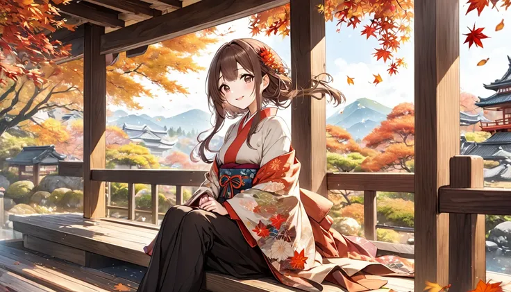 Brown Hair Girl、Japanese garden details、masterpiece, Best Quality, Light background：Expression of Japanese Garden：Clothes that make you feel relaxed and smile：Princess, Sitting on the porch、View of the scenery：Autumn leaves fluttering in the wind
(Detailed...