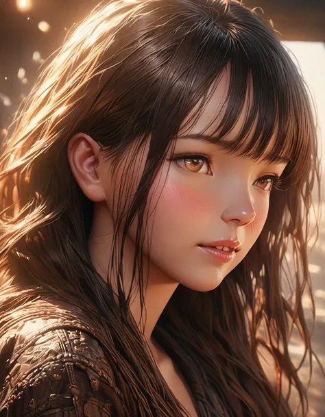 1 beautiful girl, solo, highres, long hair, blush, bangs, bangs covering eyes, multiple views, top view, long straight hair, anime style, cinematic lighting, golden hour, masterpiece, (best quality,4k,8k,highres,masterpiece:1.2),ultra-detailed,(realistic,p...