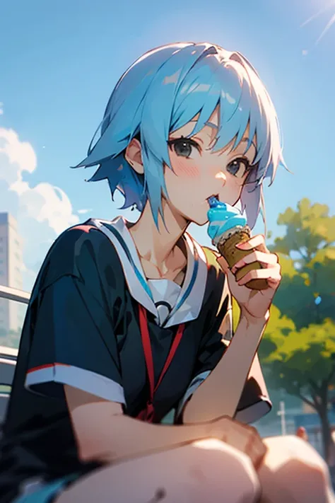 cool anime girl Yumi with blue hair and black eyes. eats ice cream in park