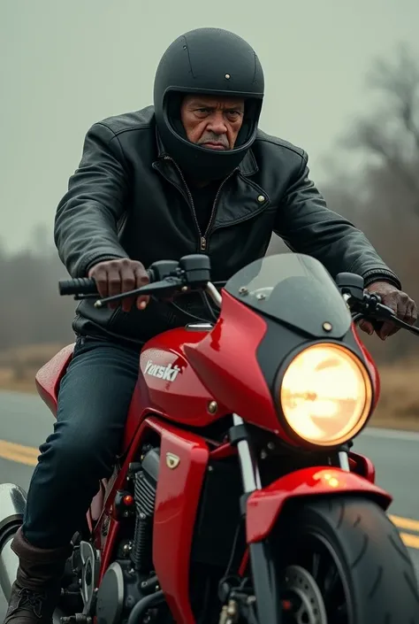 Male, older person, with black motorcycle helmet, drives a red Kawasaki, small, unrecognizable face, from the side, he wears a black leather jacket
