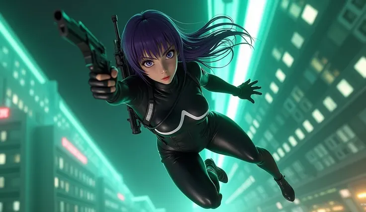 ((Ghost in the Shell Sac_Motoko Kusanagi from 2045,Ultra-high-definition Real 3D cG graphics of Kusanagi Motoko from the anime 攻殻機動隊、Motoko Kusanagi)))Purple Hair, Purple Eyes,Beautifully detailed eyes and mouth, Breathtakingly detailed and realistic skin,...