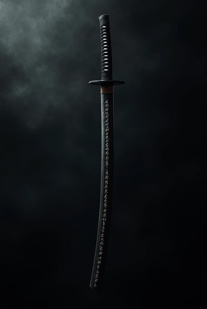 Black katana sword with writing on the blade
