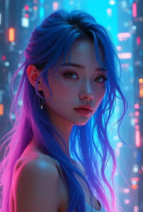 best quality,detailed background,girl, fantasy, futuristic clothing, neon, long streaked hair