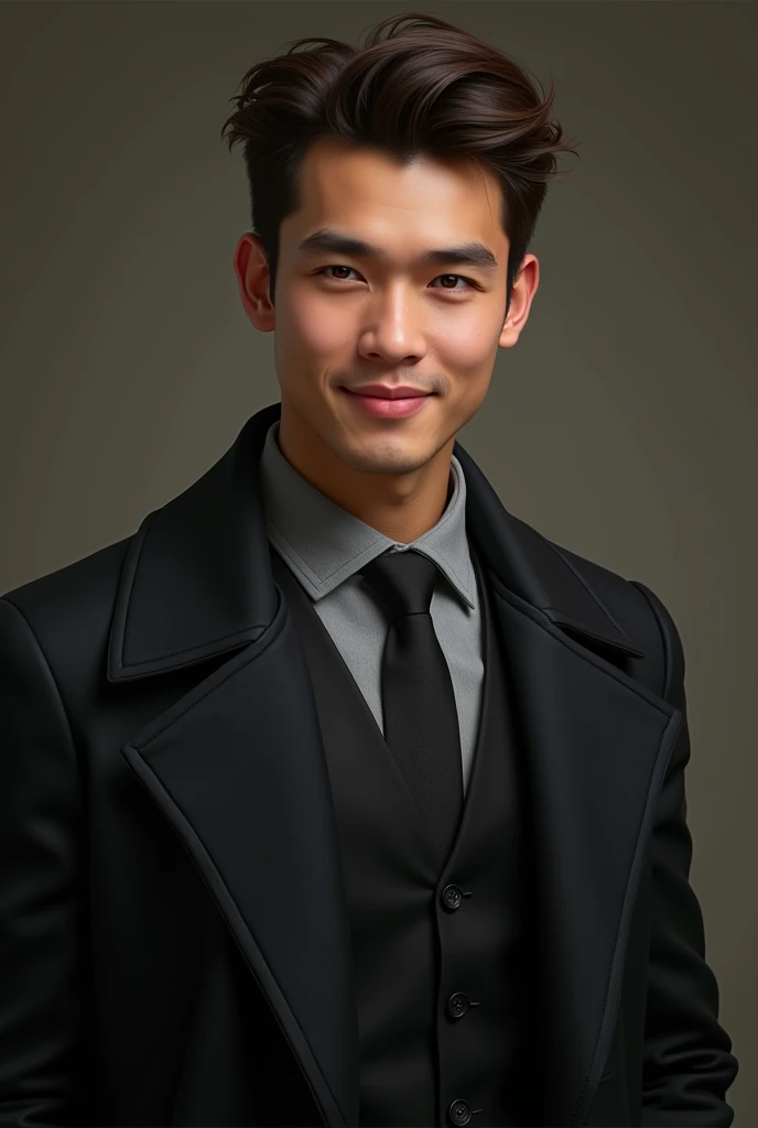 A man young ,grey shirt,black coat , Best Quality, Masterpiece, formal,with tie black,black vest ,grin
