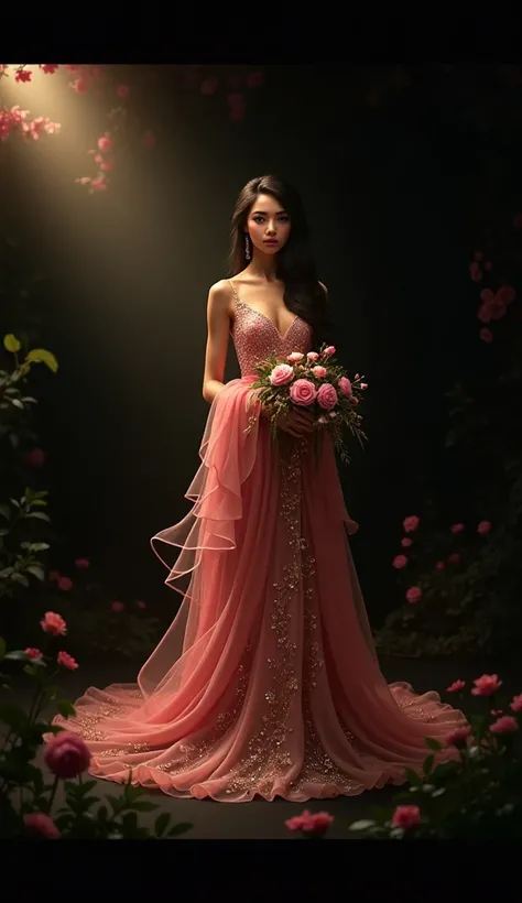 Arabian woman in pink dress standing in front of a floral background, Digital art inspired by Oleg Oprisko, Tumbler, Baroque, Fantasticおとぎ話, とても魔法的でDreamy, Dreamyスタイル, Mother&#39;s Day 4k, Dreamy、Fantastic, Woman in a sparkling floral dress, 幻想的でDreamy the...