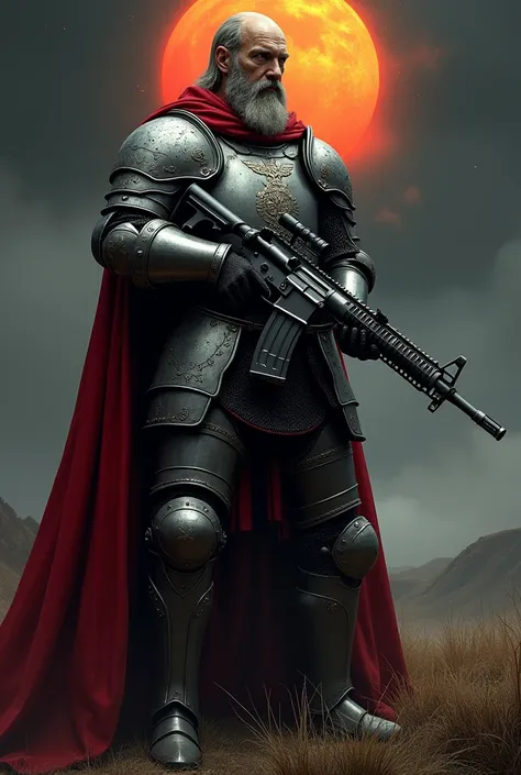 Medieval knight with ar-15 weapon in his hands against the background of the black sun