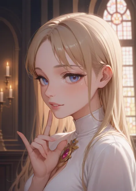 (masterpiece) (detailed) (close up) (portrait) adult female girl, nighttime church  background, loving look, beautiful eyes, breasts, shushing with finger at lip:1.3, hushing:1.3