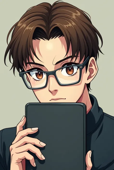 An anime man with brown hair and white skin, 
A big phone , and brown eyes, and a cover behind your back No cell phone in your hands and glasses