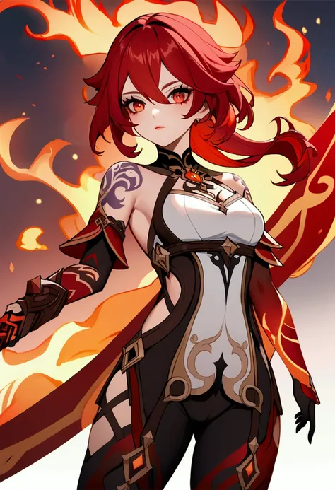 Genshin impact version girl, all tattooed, red hair. She is from the element of fire and is holding a giant sword. Red eyes