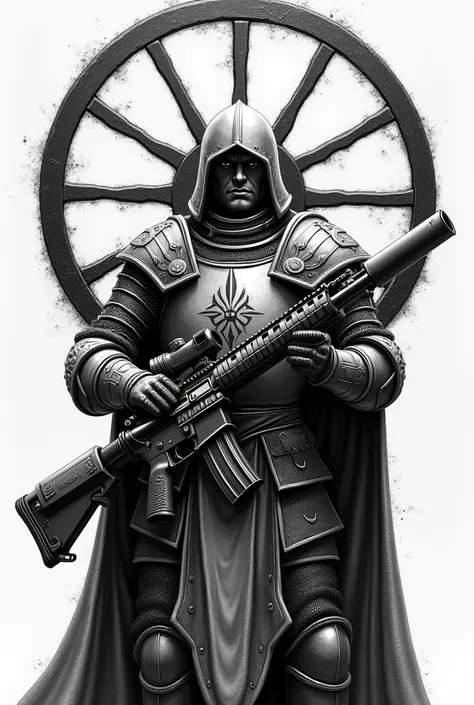 A medieval knight with an ar-15 weapon in his hands on the background of the black sun rune, everything in black and white like a tattoo sketch