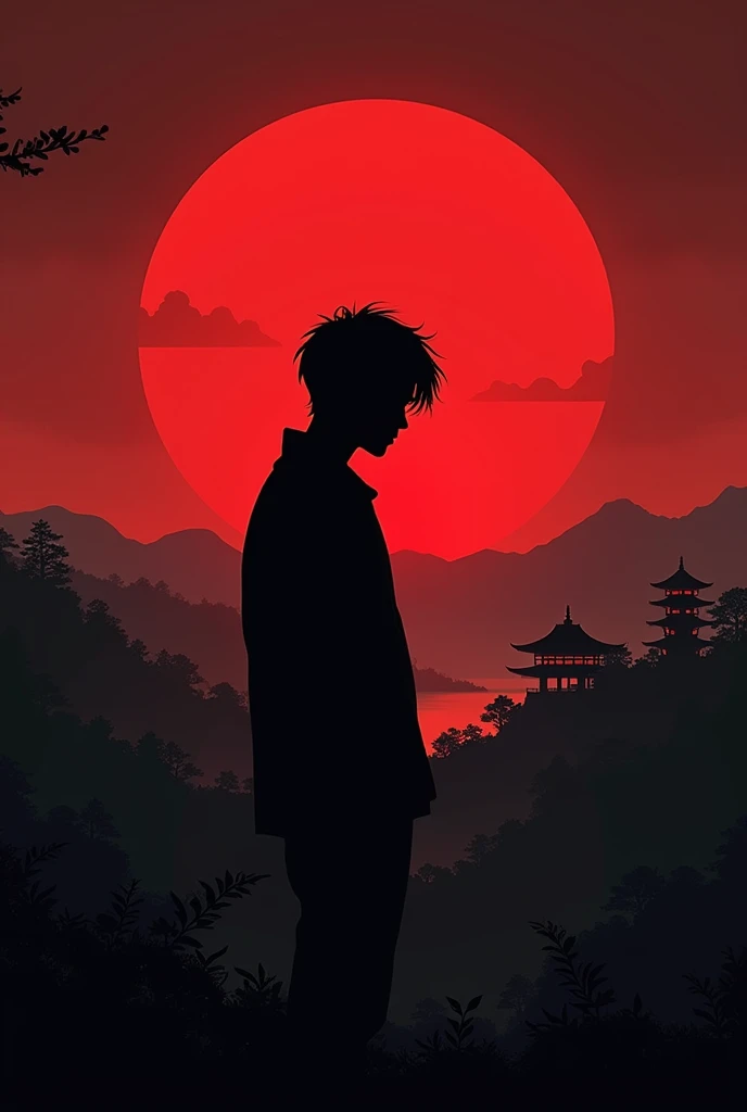 Silhouette of a person in profile with a Japanese landscape on a dark background with a gradient to blood red