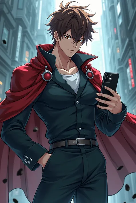 An anime man with brown hair and white skin, 
A big phone , and brown eyes, and a cape behind his back With a powerful aspect