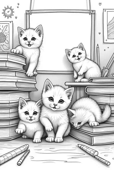 Kittens in classroon for colouring book white background
