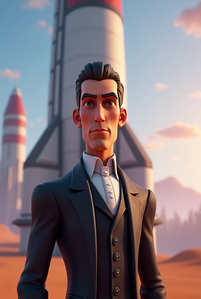 A cartoon character in Fortnite style, resembling Augustin Louis Cauchy from the waist up, wearing a formal 19th-century suit, looking determined and confident, with a neutral but serious expression. Standing in front of a futuristic launching rocket, gazi...