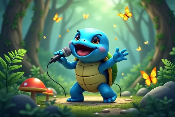 Blue turtle with green shell singing and dancing with microphone in the forest