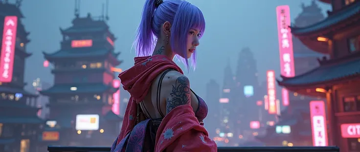 (insanely detailed), (best quality), (masterpiece:1.3), (Hyper realistic), (photorealistic:1.36), Apocalyptic, (1girl:1.3 light purple hair, wearing traditional costume), full body, a woman with tattoos and a hoodie (wearing traditional costume), (ethnic k...